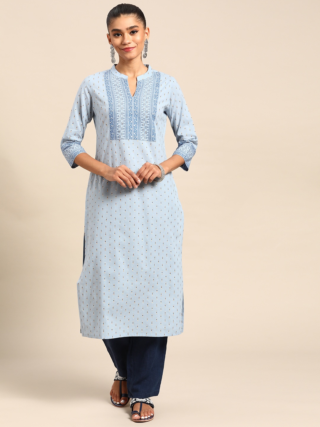 

Gerua By Libas Women Blue Ethnic Motifs Yoke Design Mirror Work Floral Kurta