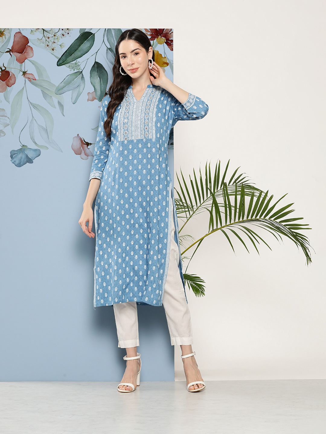 

Gerua By Libas Women Blue White Ethnic Motifs Yoke Design Mirror Work Kurta