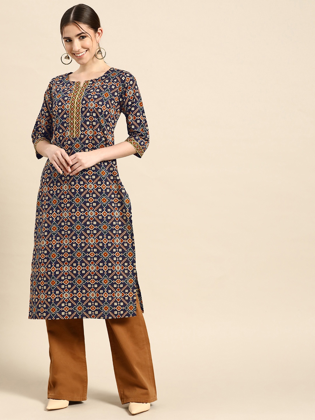 

GERUA Women Navy Blue & Rust Red Ethnic Motifs Printed Kurta