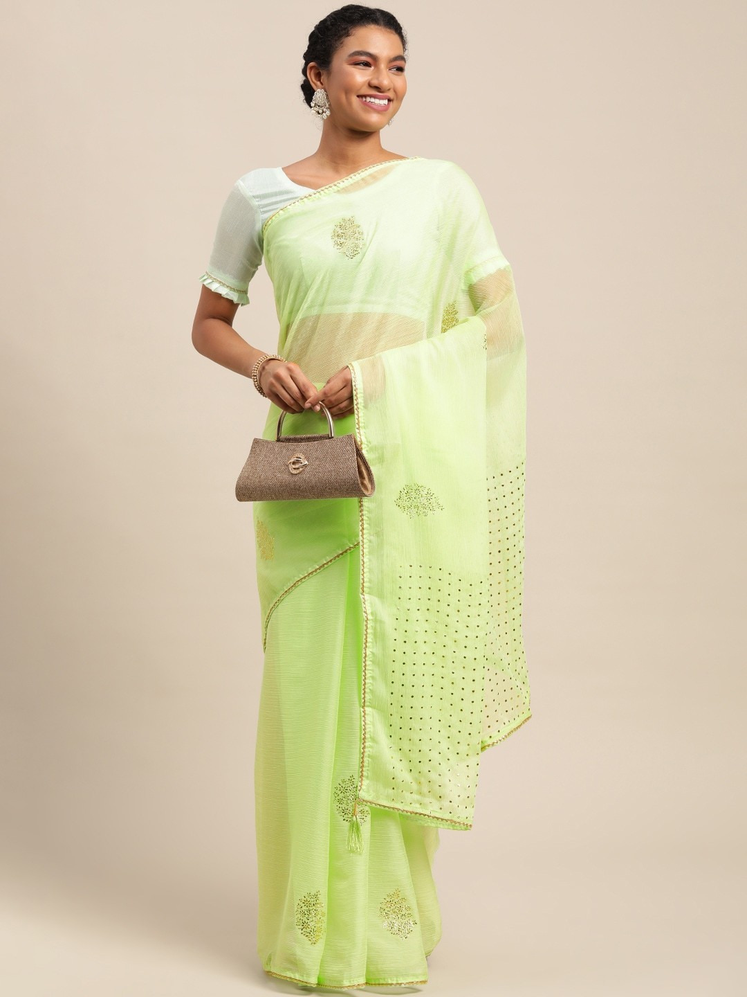 

Satrani Green & Golden Mukaish Work Saree