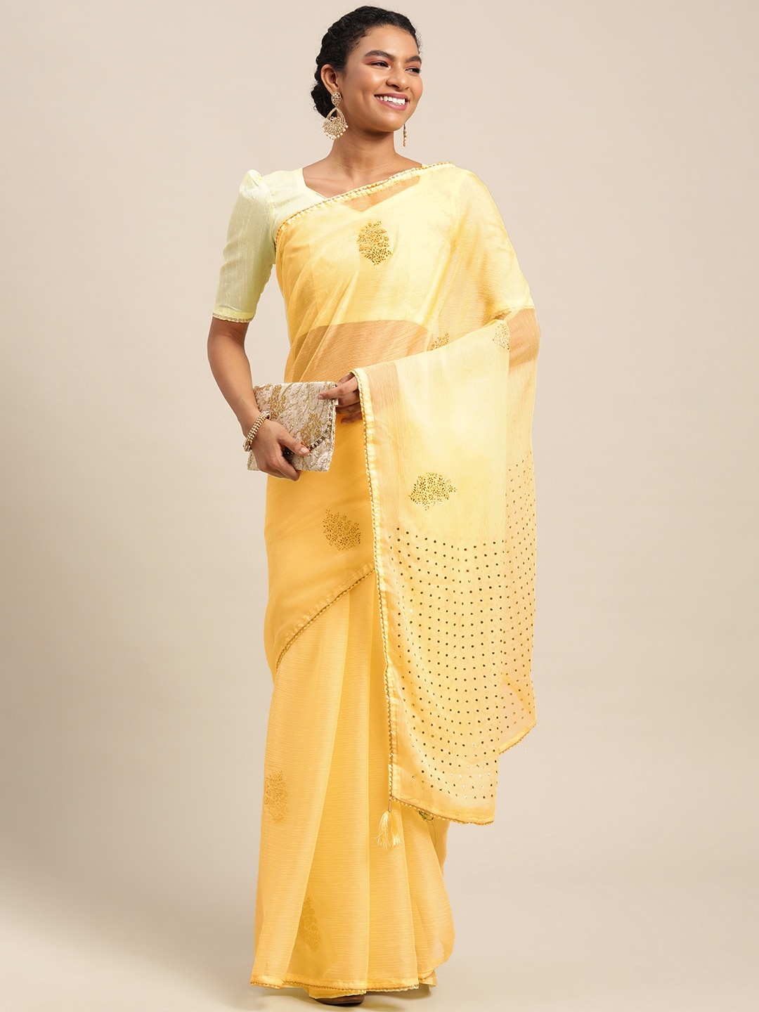 

Satrani Yellow & Golden Mukaish Work Saree
