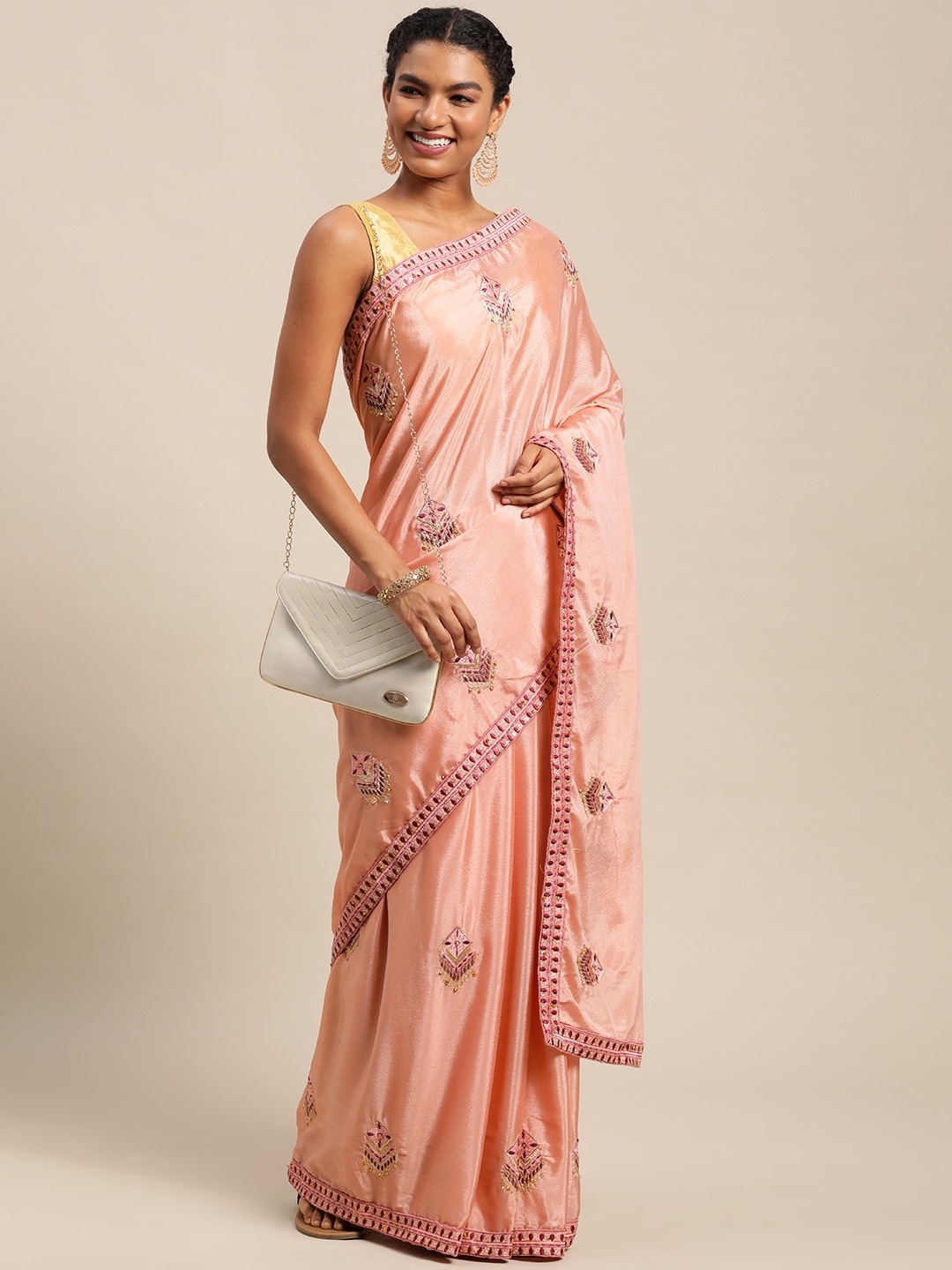 

Satrani Dusty Pink Ethnic Motifs Embroidered Saree, Rose