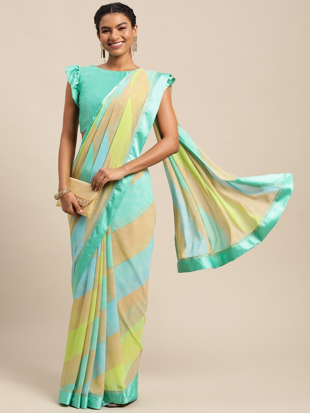 

Satrani Beige & Sea Green Striped Saree