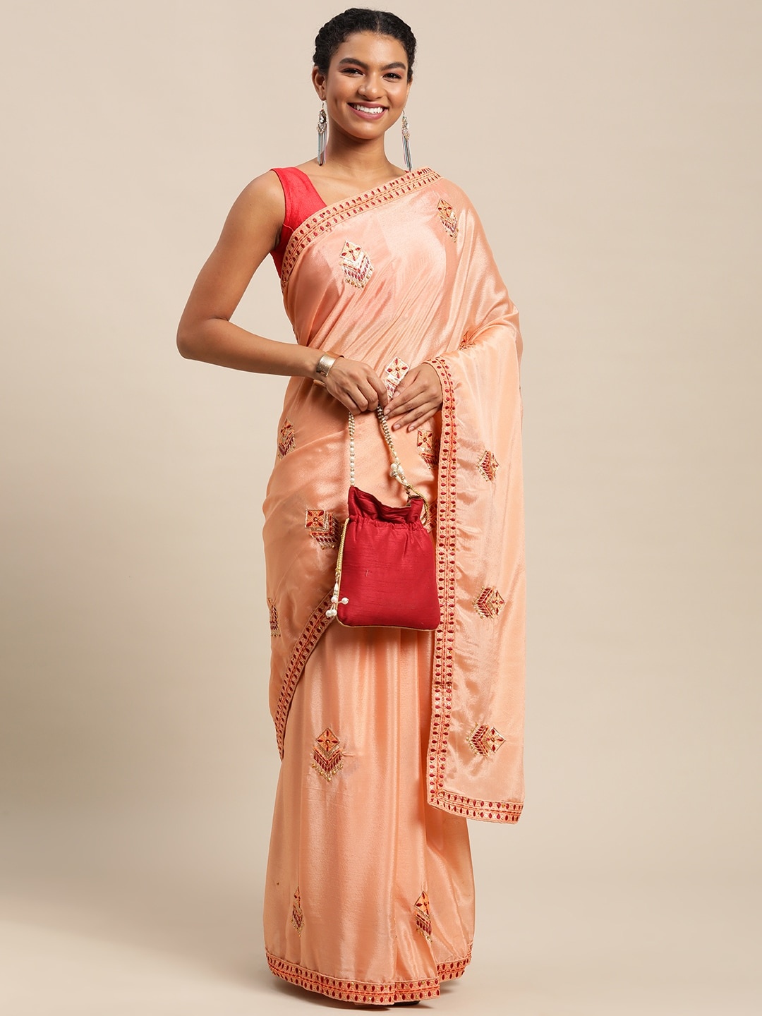 

Satrani Peach-Coloured Ethnic Motifs Embroidered Saree