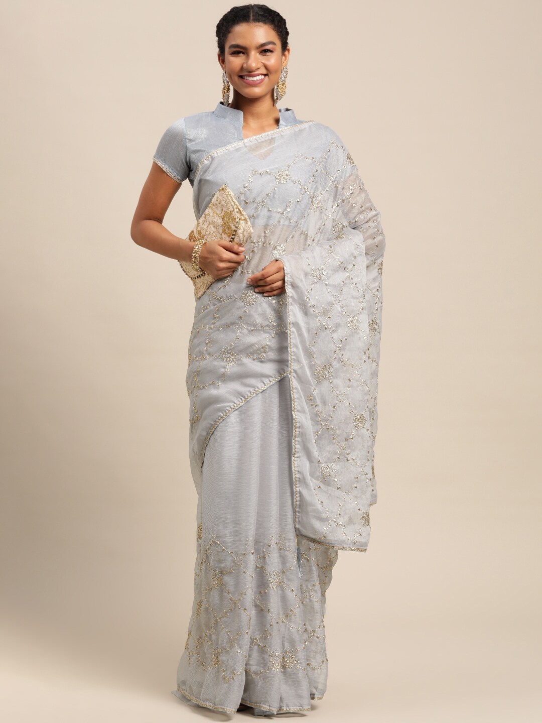 

Satrani Grey & Golden Ethnic Motifs Embroidered Saree