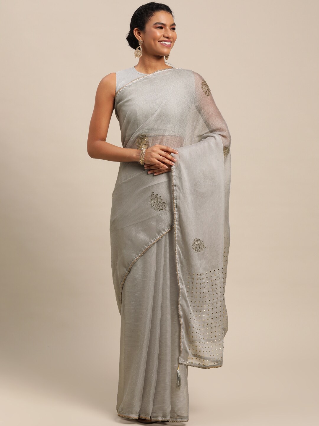 

Satrani Grey & Golden Mukaish Work Saree
