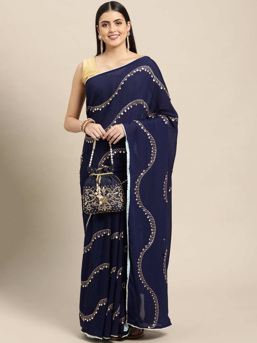 

Mitera Navy Blue Embellished Sequinned Saree