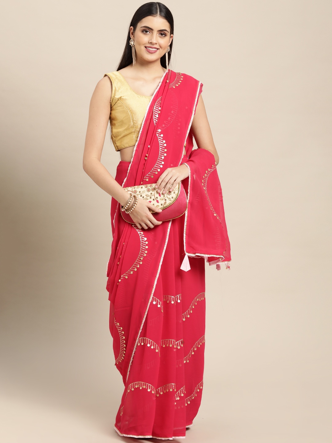 

Mitera Coral Red Embellished Sequinned Saree