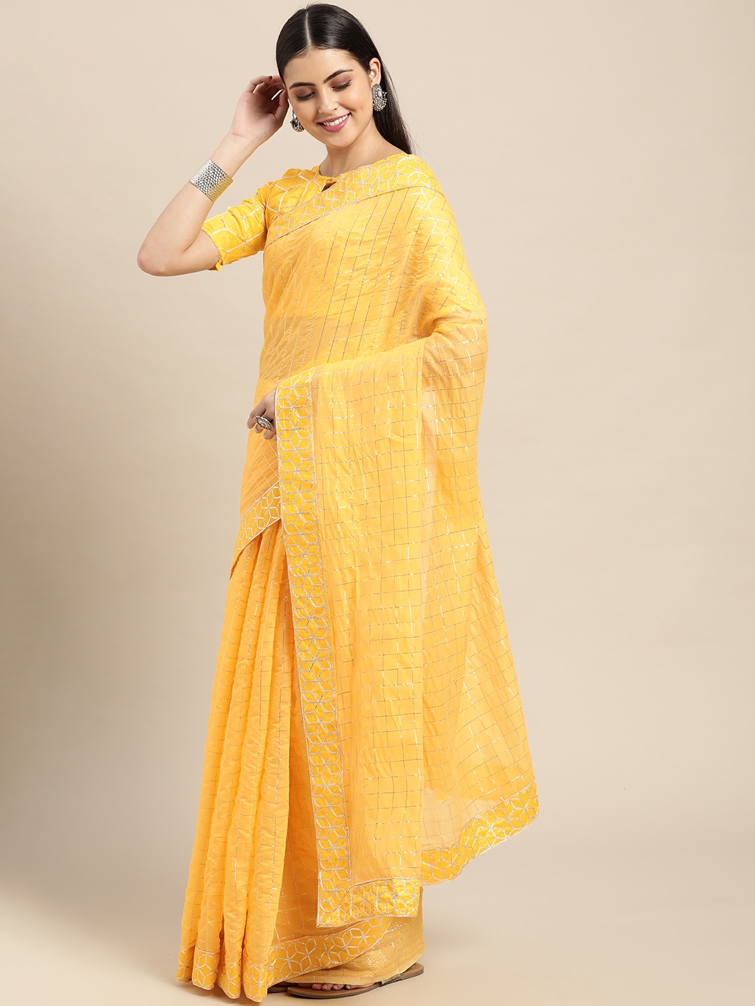 

KALINI Yellow & Silver Checked Gotta Patti Linen Blend Saree