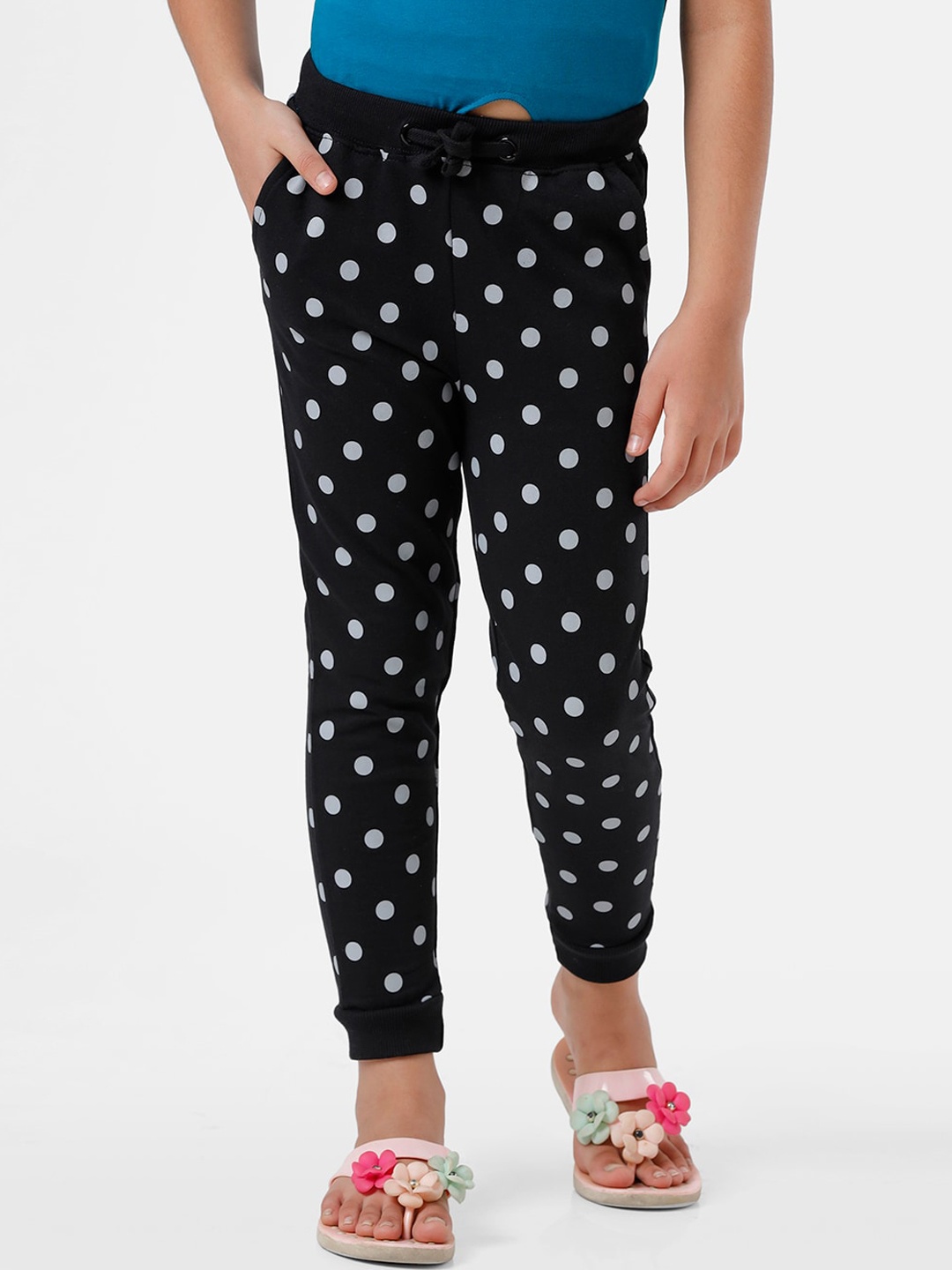 

De Moza Girls Black Polka Dots Printed Joggers Cotton Trousers