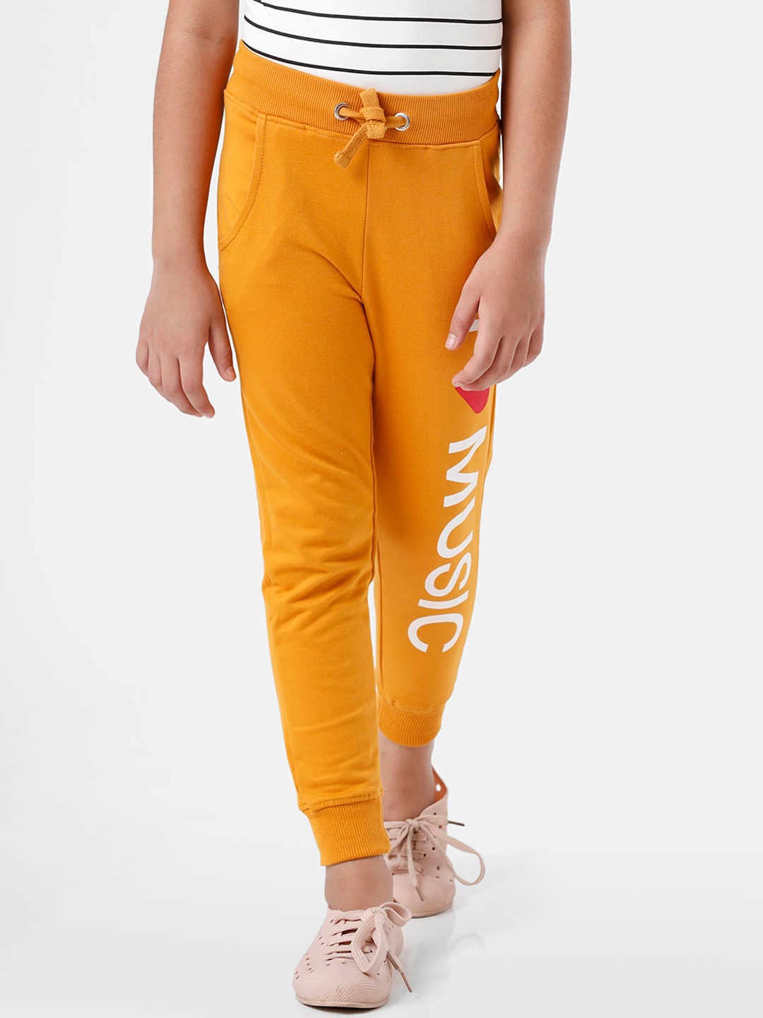 

De Moza Girls Mustard Yellow & White Printed Cotton Joggers