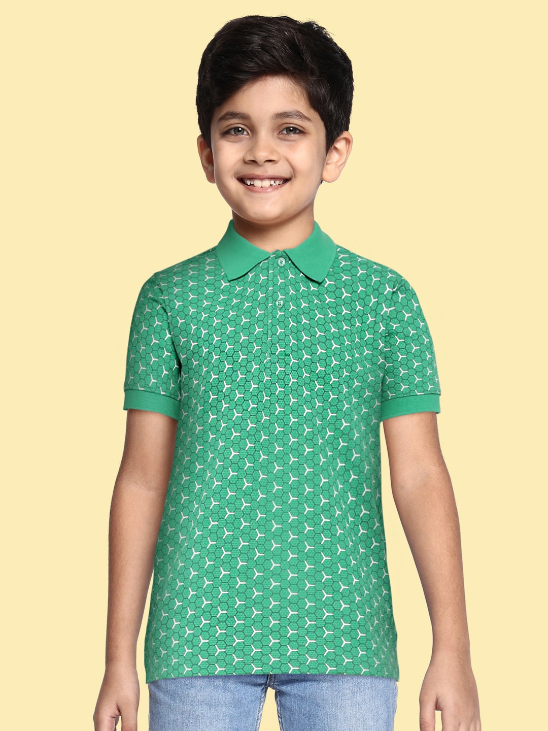 

GOJI Boys Sea Green Printed Polo Collar T-shirt