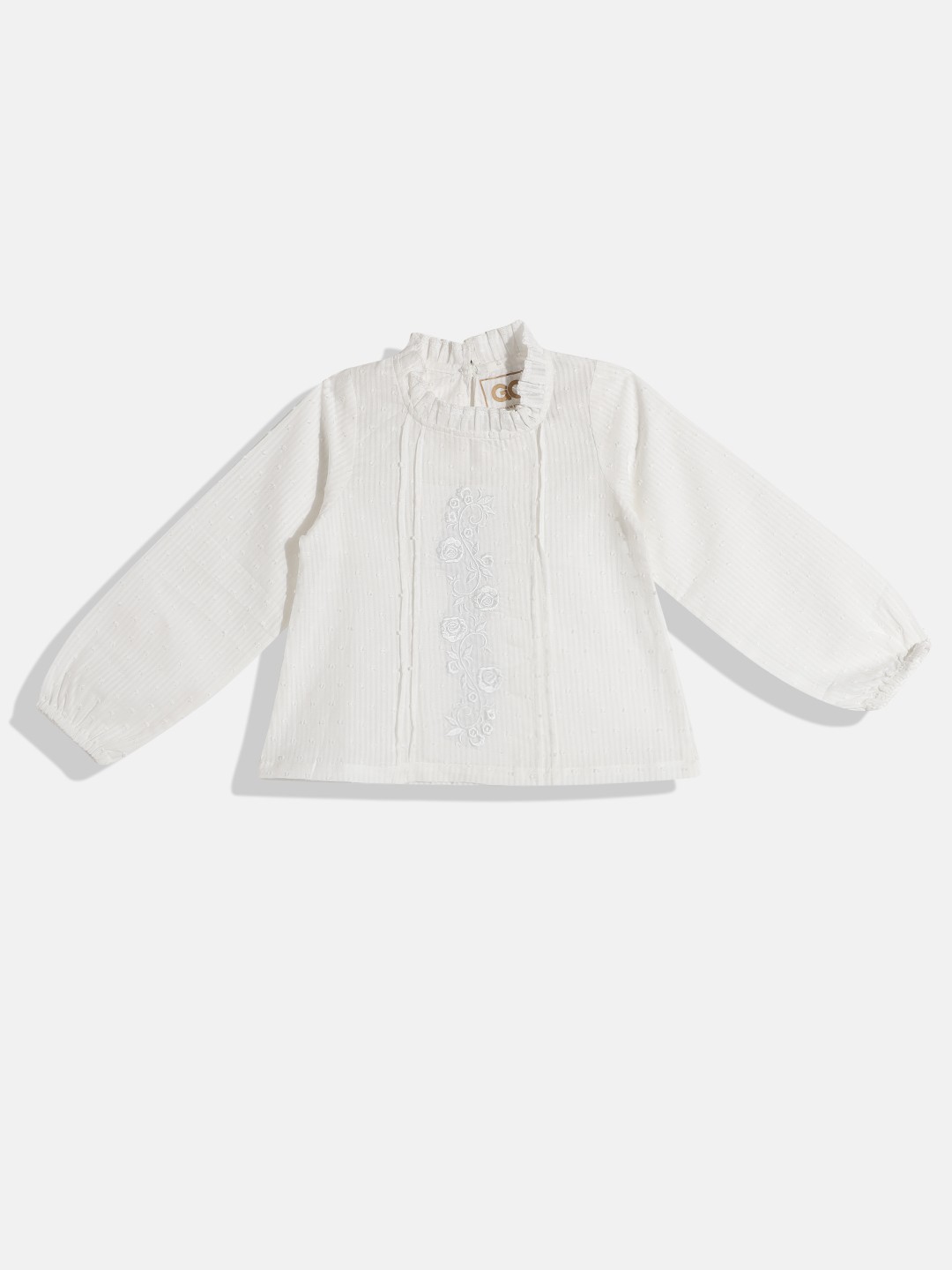 

GOJI White Pure Cotton Self-Striped Mandarin Collar Top