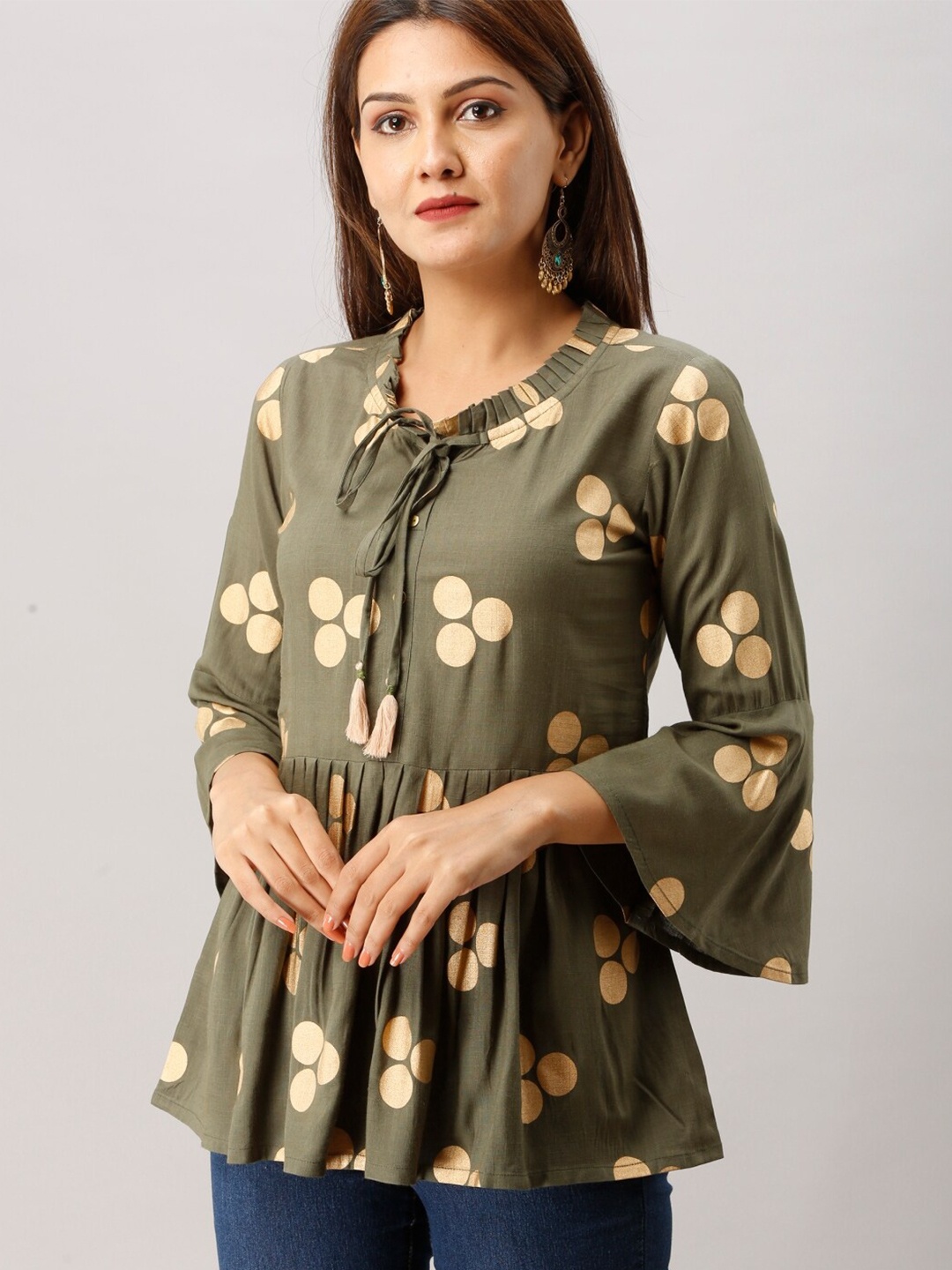 

Maishi Green & Gold-Toned Geometric Print Tie-Up Neck Top