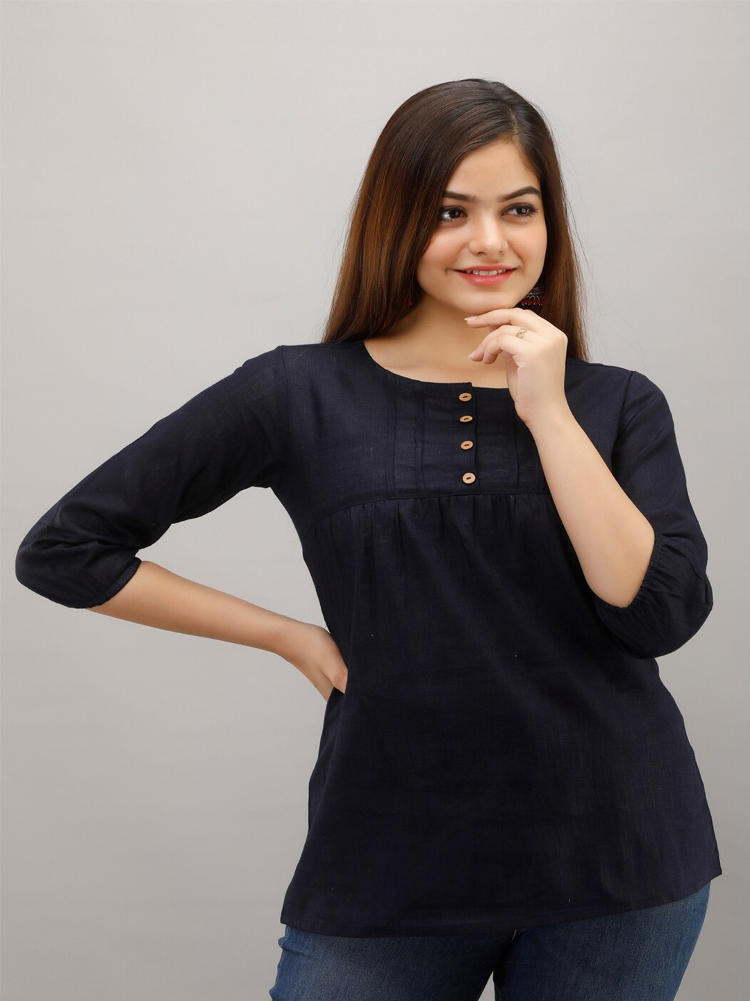 

Maishi Women Navy Blue Solid Cotton Top