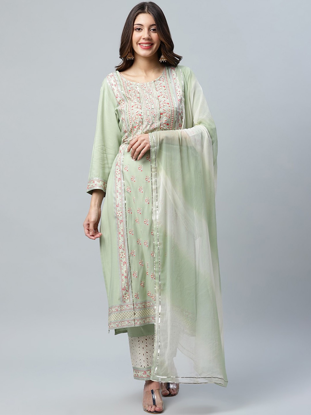 

ANAISA Women Green Straight Rayon Sequinned Embroidery Kurta With Trouser Dupatta