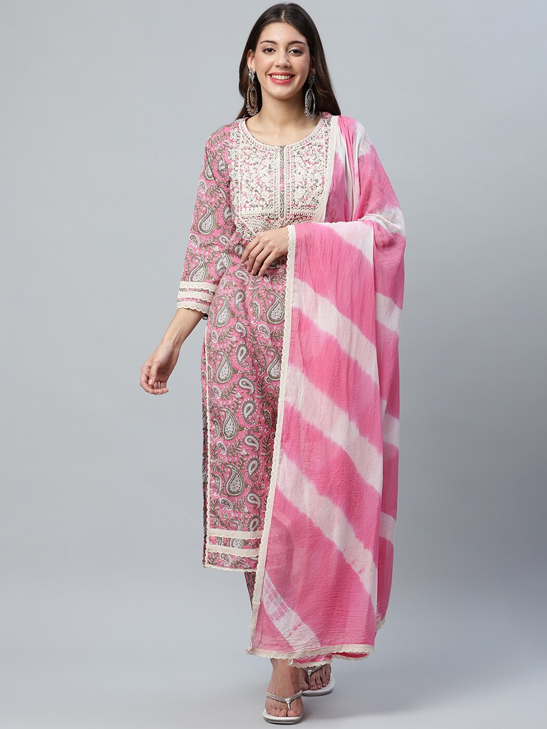 

ANAISA Women Pink & Olive Green Paisley Printed Pure Cotton Kurta with Trousers & Dupatta