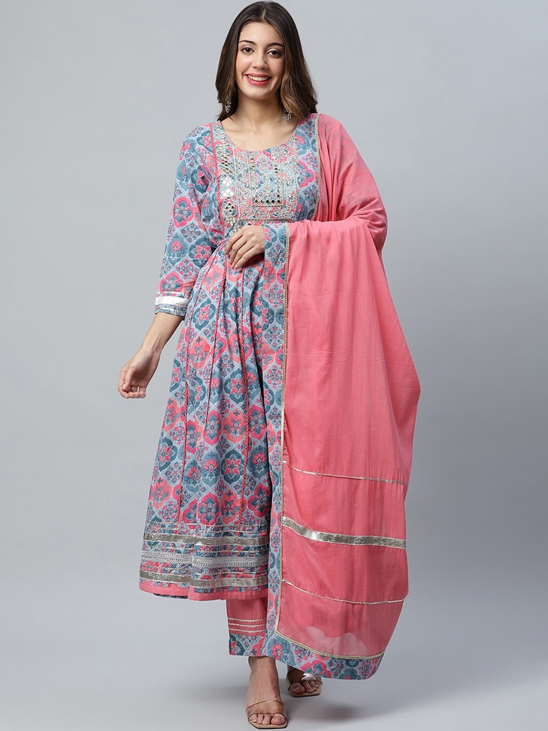 

ANAISA Women Pink Ethnic Motifs Printed Gotta Patti Pure Cotton Kurta with Trousers & With Dupatta