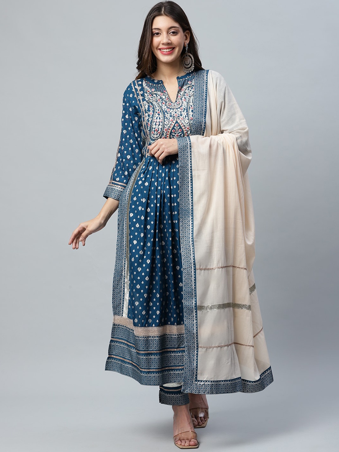 

ANAISA Women Blue Woven Design Sequinned Embroidery Anarkali Kurta Set