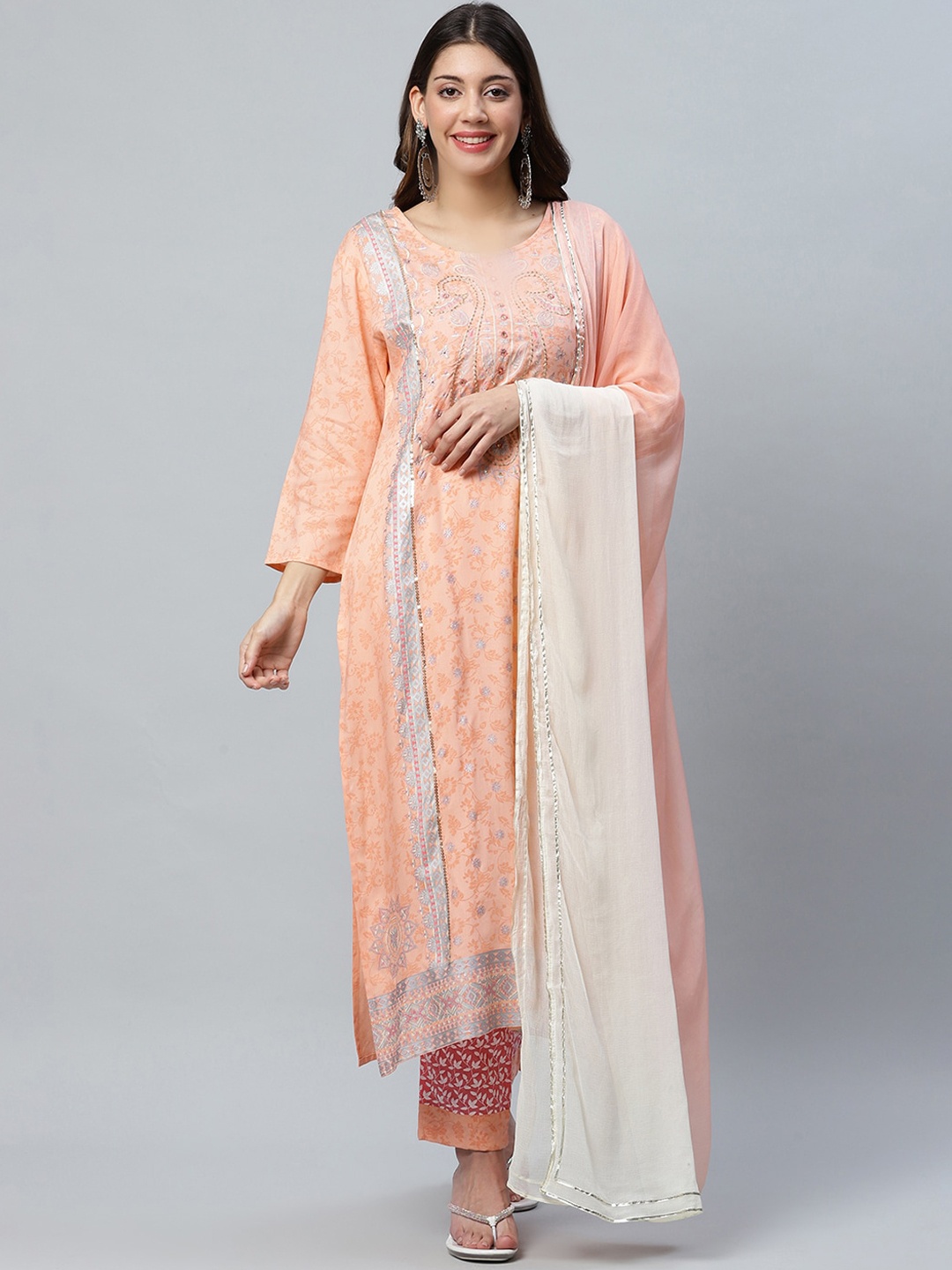 

ANAISA Women Peach-Coloured Ethnic Motifs Embroidered Sequinned Kurta with Trousers & With Dupatta