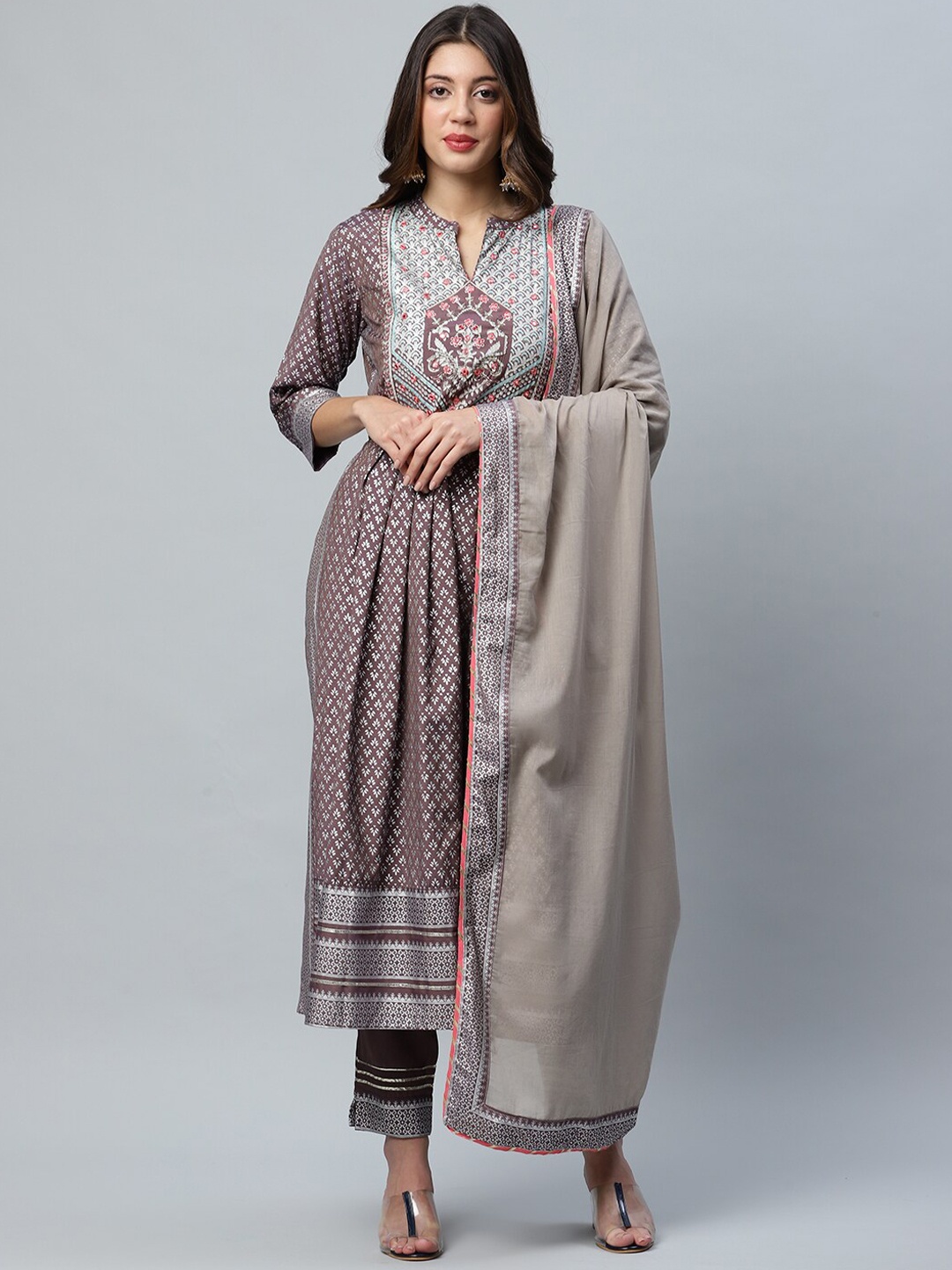 

ANAISA Women Brown & Silver Ethnic Motifs Printed Kurta with Trousers & Dupatta