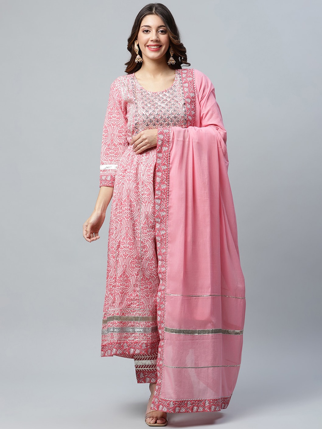 

ANAISA Women Pink Embroidered Pure Cotton Kurta Set With Dupatta