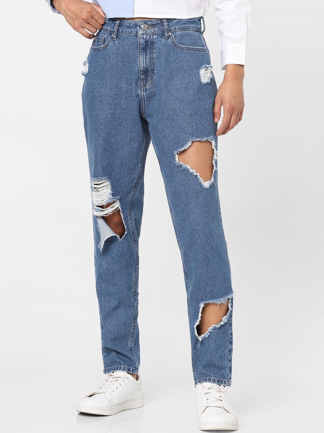 

ONLY Women Blue Straight Fit High-Rise Mildly Distressed Jeans