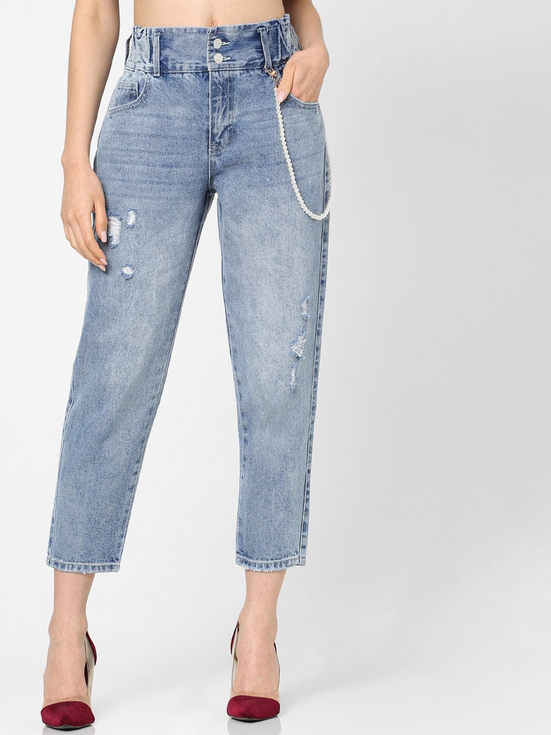 

ONLY Women Blue High-Rise Low Distress Heavy Fade Jeans