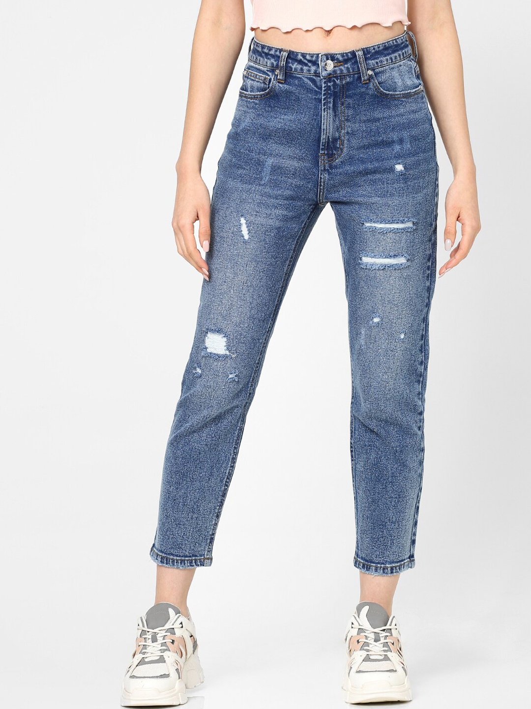 

ONLY Women Blue High-Rise Mildly Distressed Heavy Fade Jeans