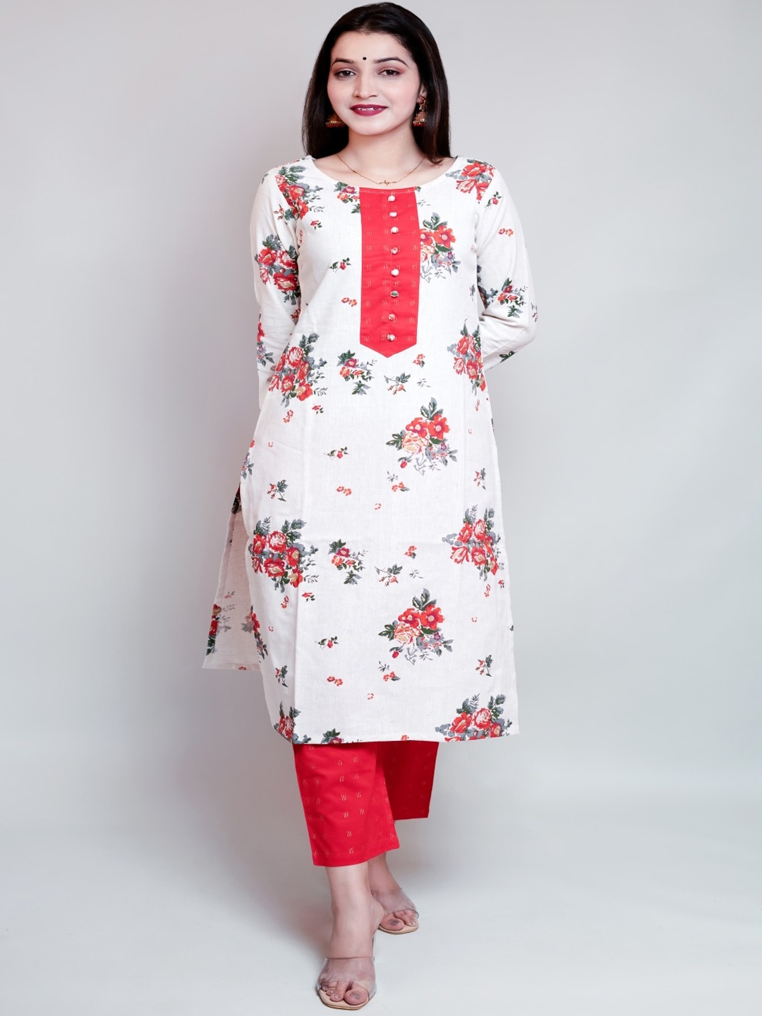 

Maishi Women White Floral Printed Panelled Kurti with Trousers