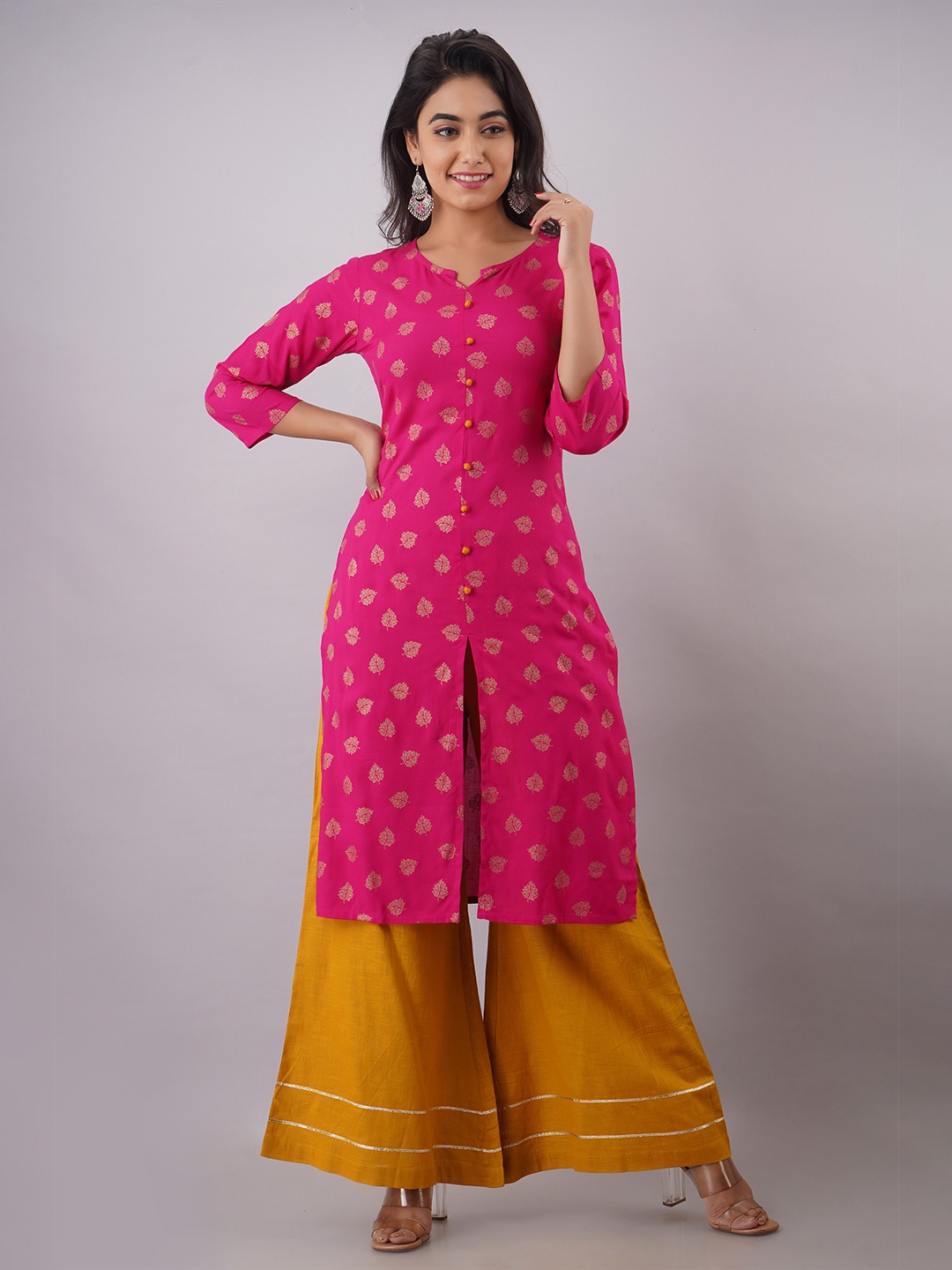 

Maishi Women Fuchsia & Mustard Yellow Ethnic Motifs Printed Straight Kurta with Palazzos
