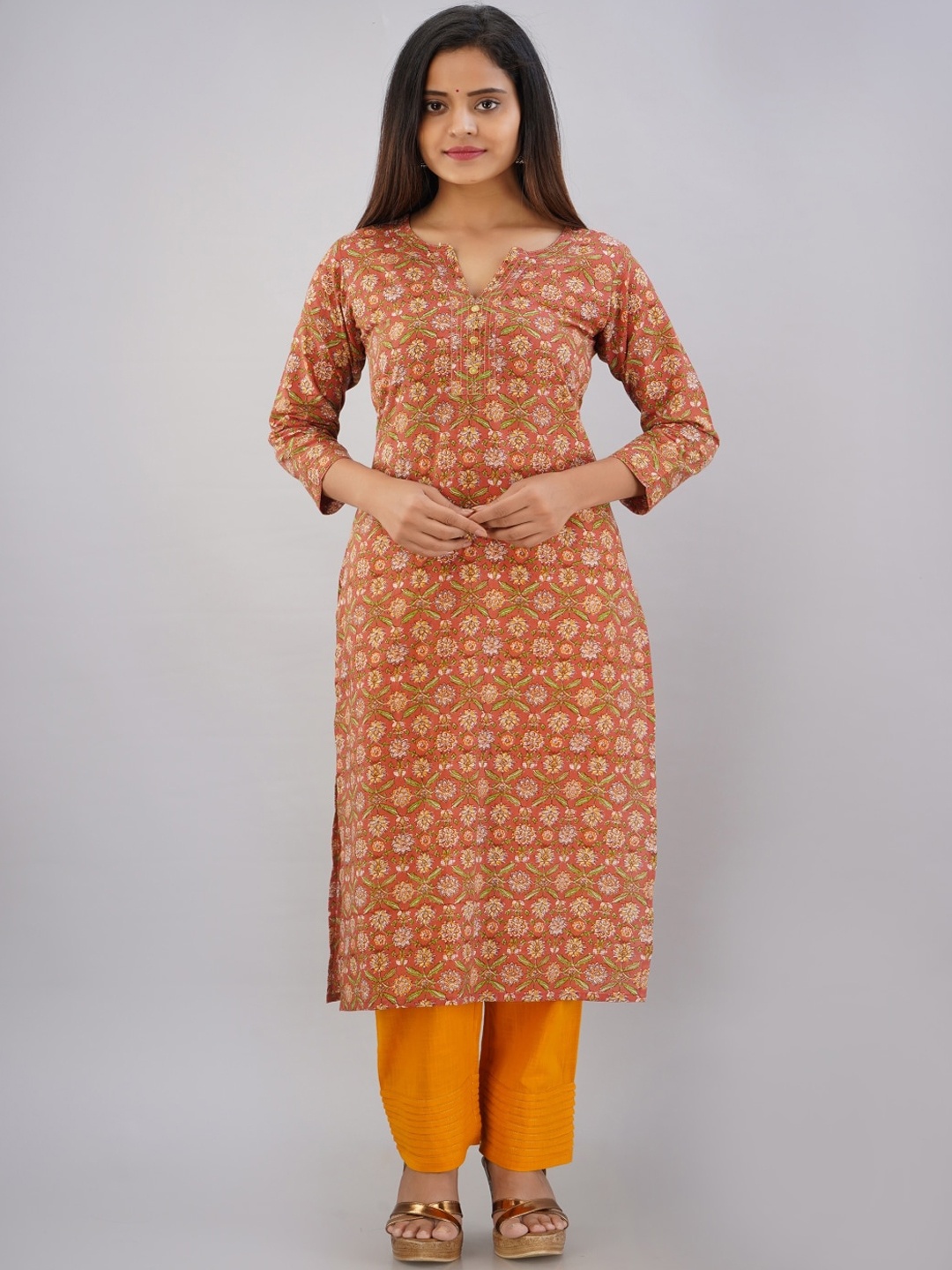 

Maishi Women Orange Floral Printed Pure Cotton Kurta with Trousers