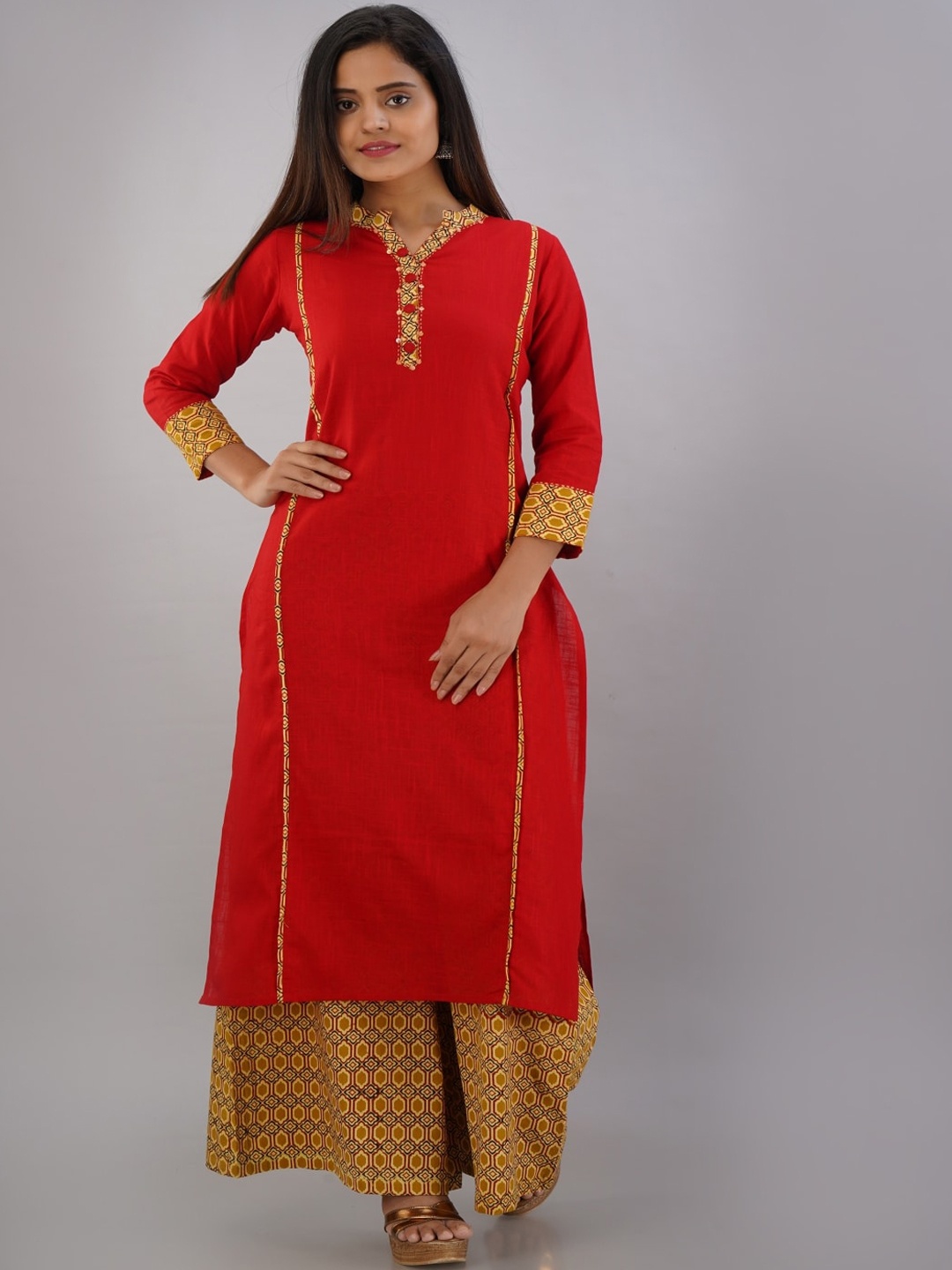 

Maishi Women Red Ethnic Motifs Printed Panelled Pure Cotton Kurta with Palazzos