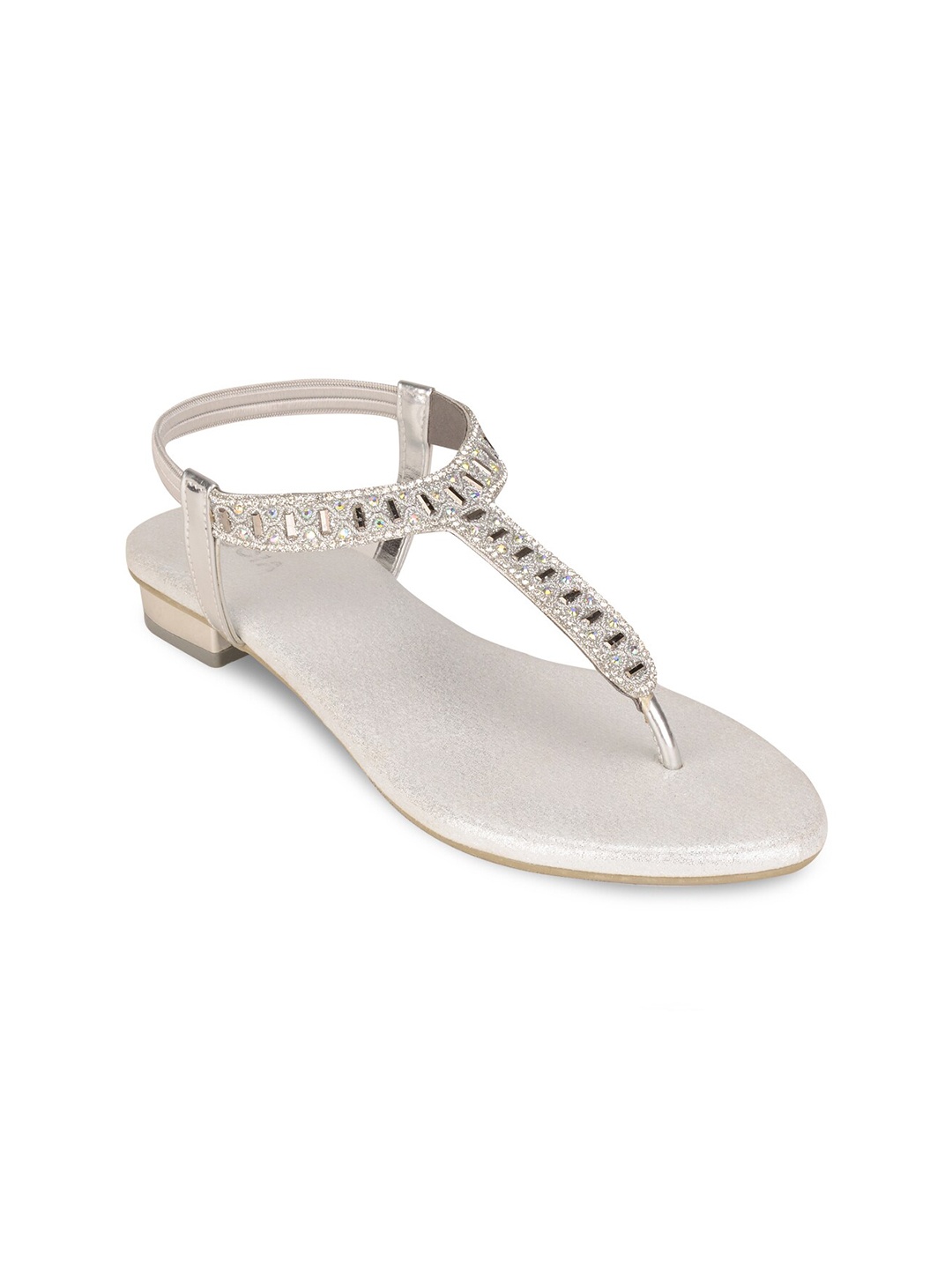 

Rocia Women Silver-Toned Embellished T-Strap Flats