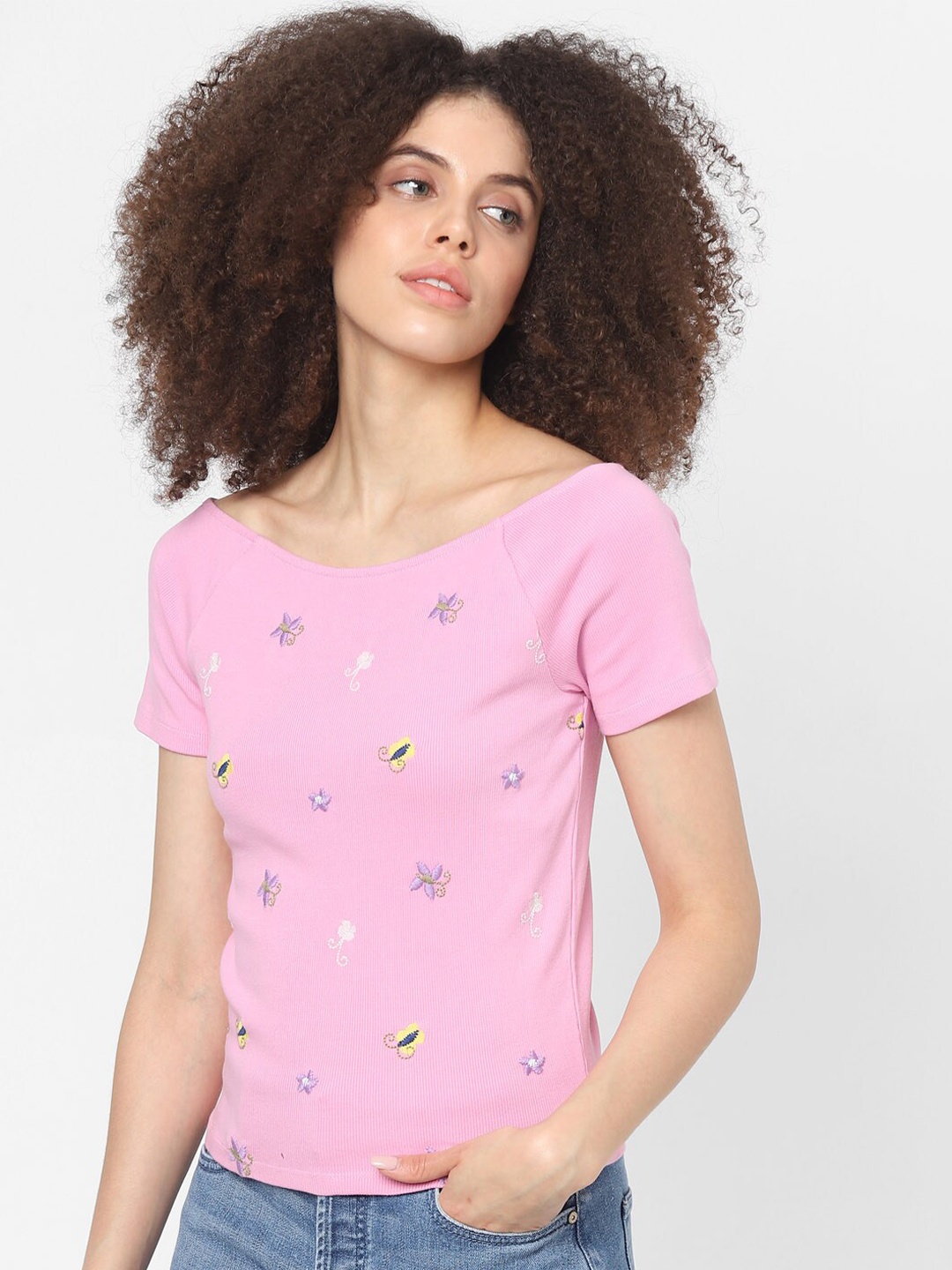 

ONLY Women Pink Printed Slim Fit Cotton T-shirt