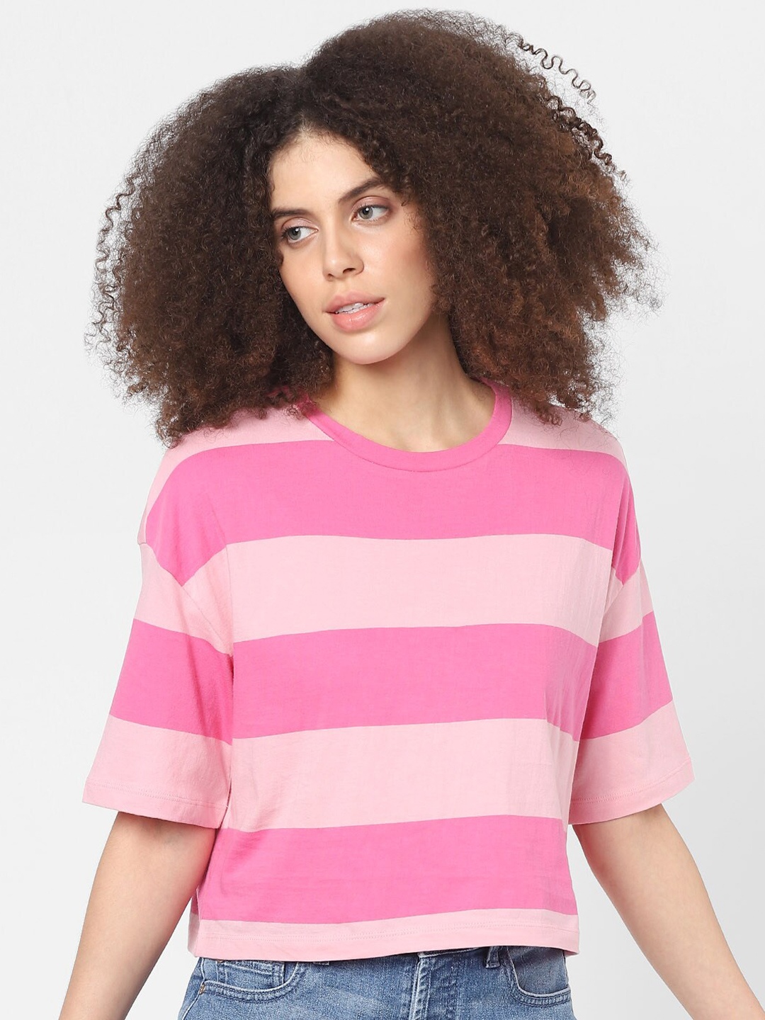 

ONLY Women Pink Striped T-shirt