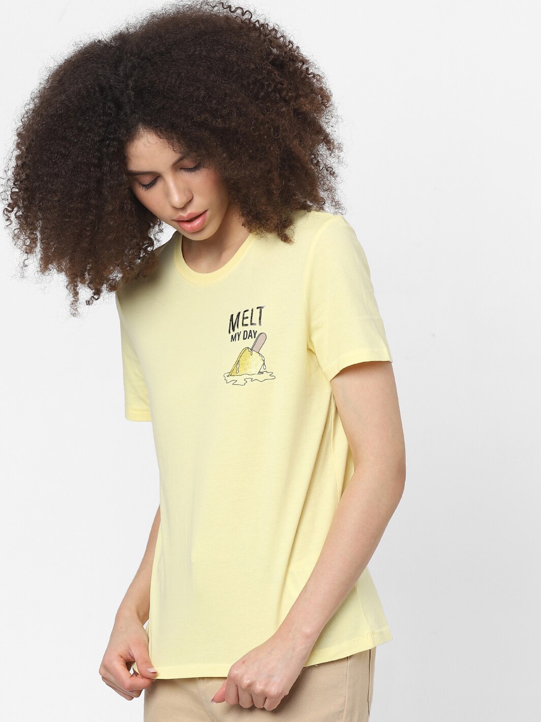 

ONLY Women Yellow Solid Cotton T-shirt