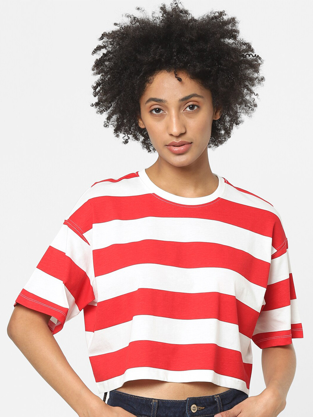 

ONLY Women Red Striped Cotton Crop T-shirt