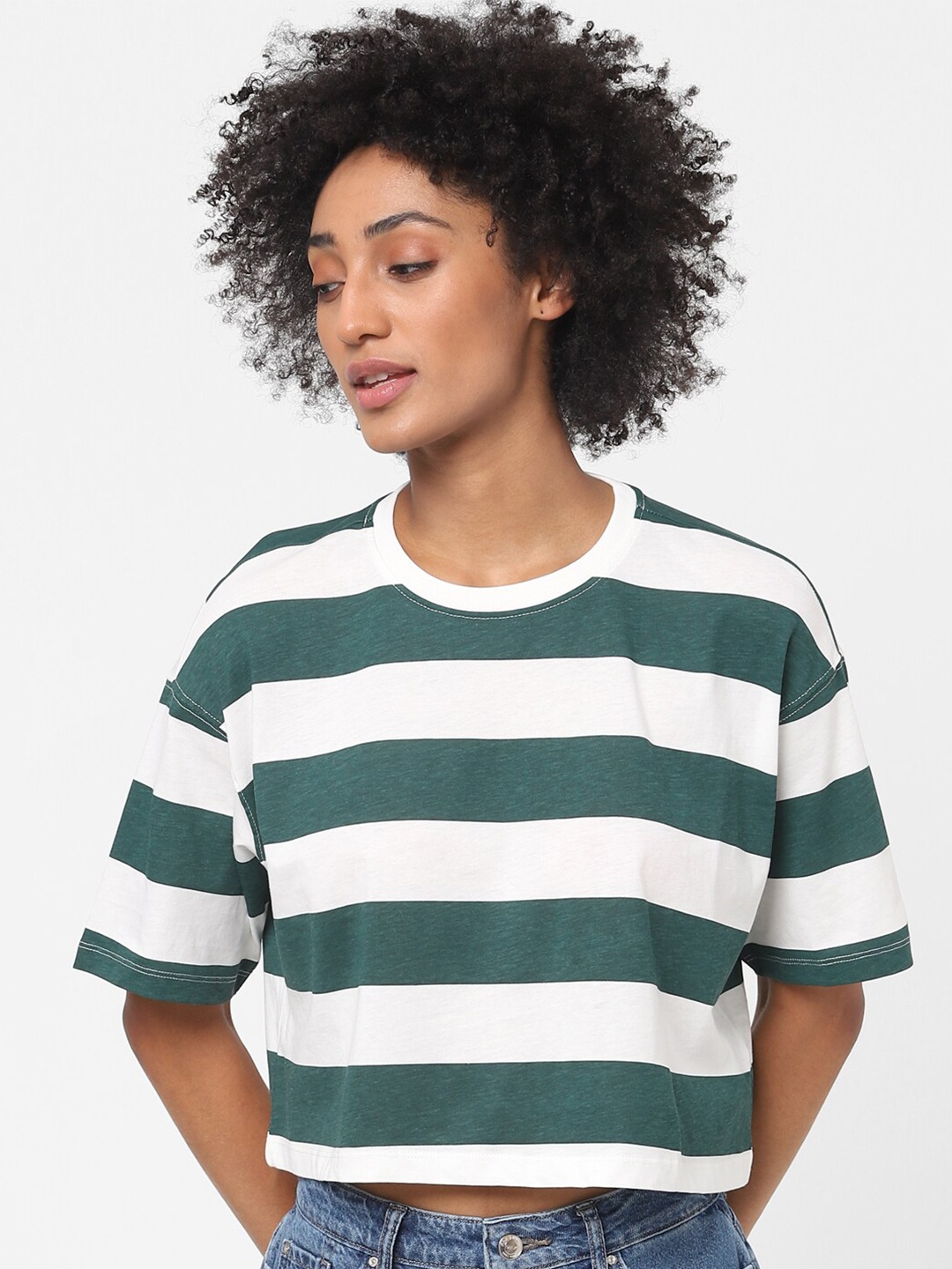 

ONLY Women Green & White Striped Drop-Shoulder Sleeves Cropped Cotton T-shirt