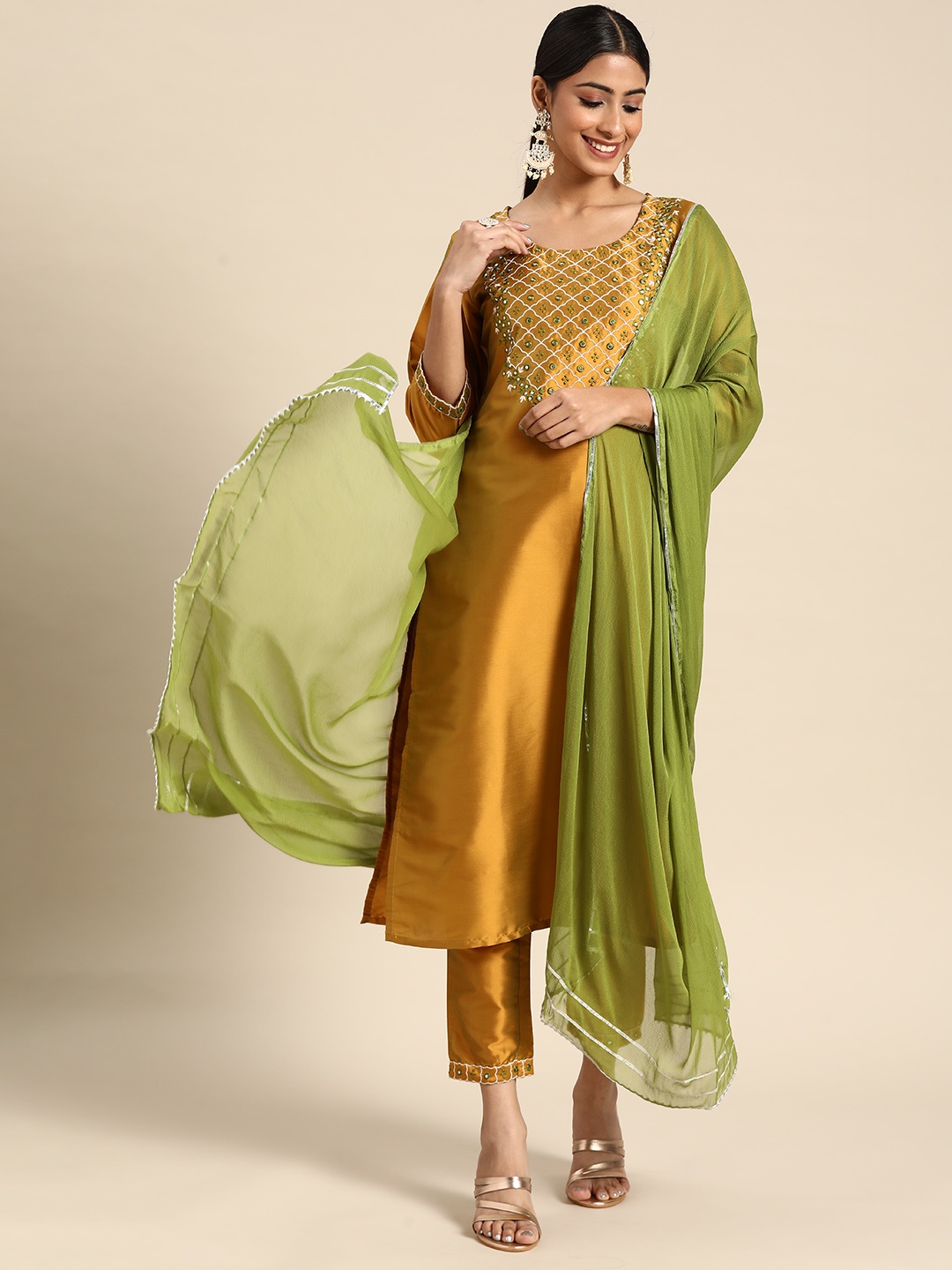 

Gerua By Libas Women Mustard Yellow Floral Yoke Design Mirror Work Kurta with Trousers With Dupatta