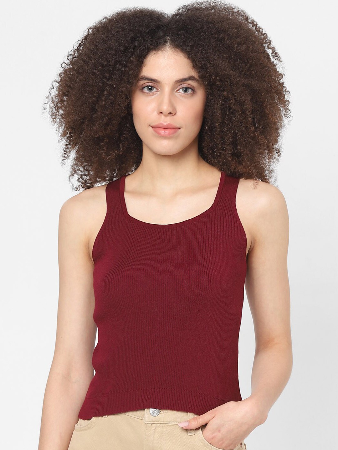 

ONLY Women Maroon Self Design Knitted Tank Top