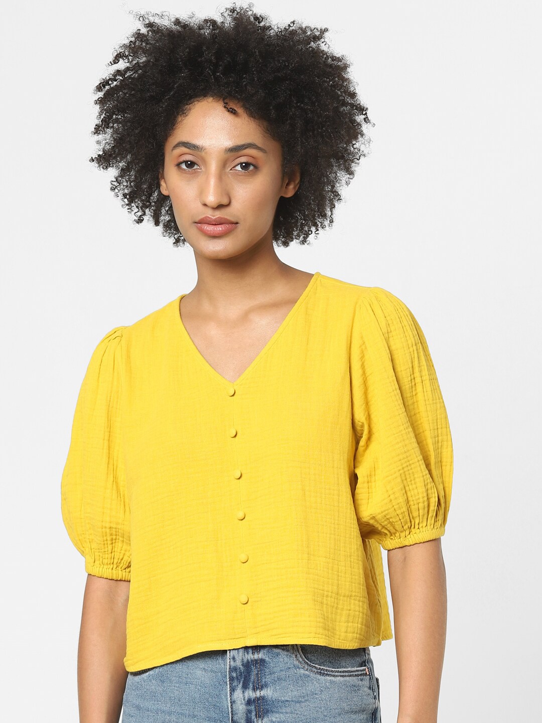 

ONLY Women Yellow V-Neck Boxy Crop Top