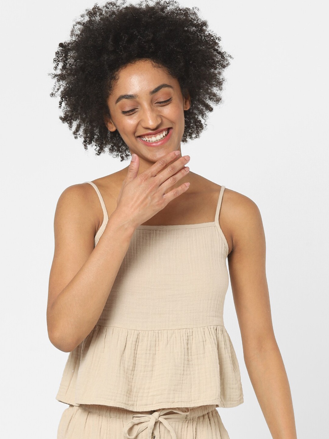

ONLY Women Beige Shoulder Strap Peplum Crop Top