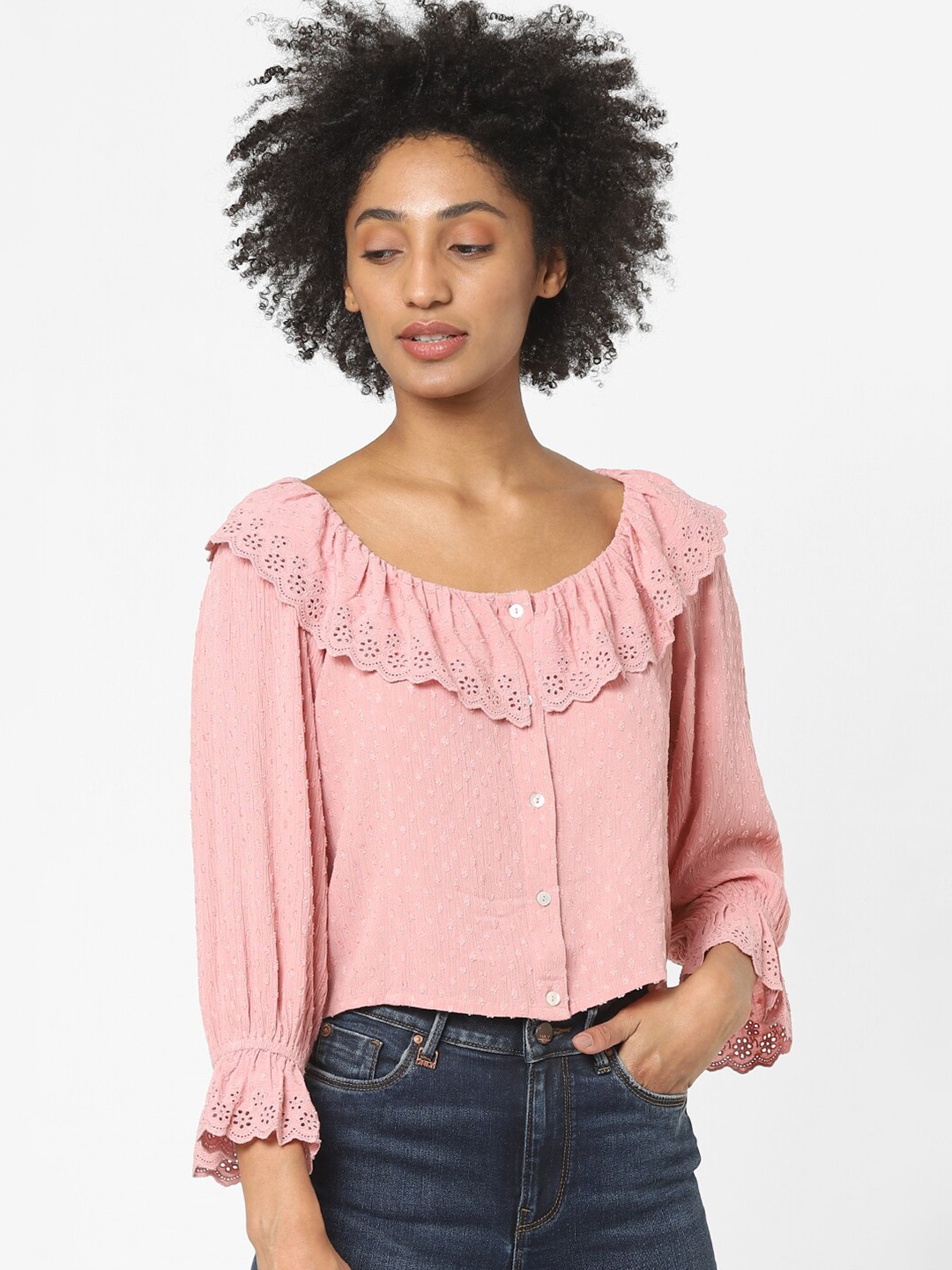 

ONLY Women Pink Self Design Regular Top