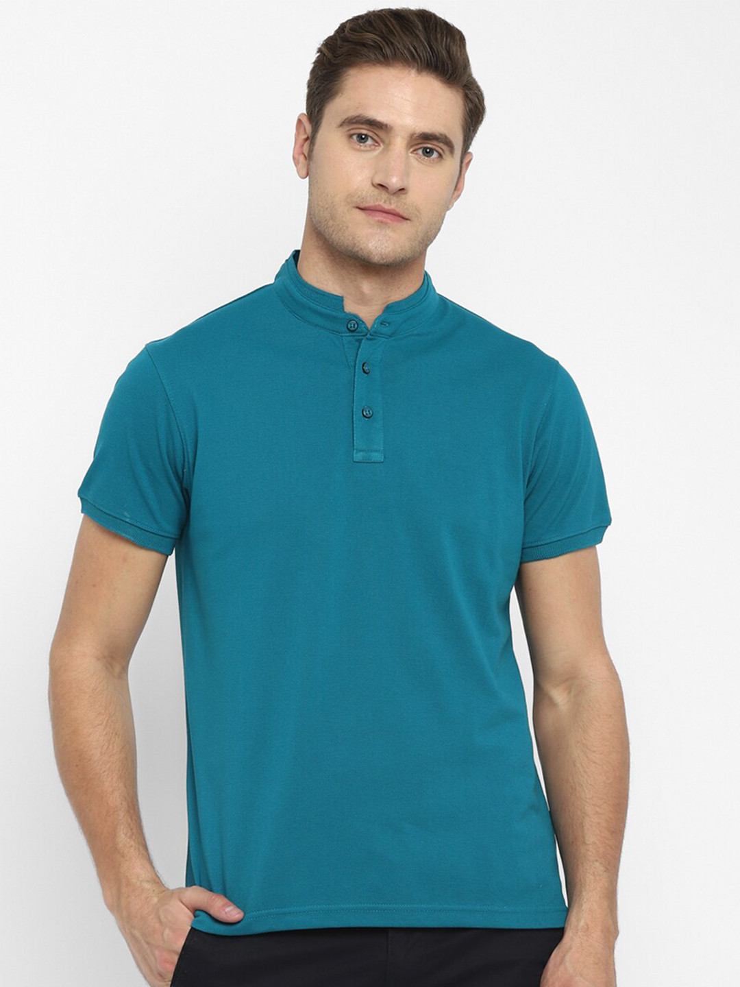 

Red Chief Men Blue Mandarin Collar Cotton T-shirt