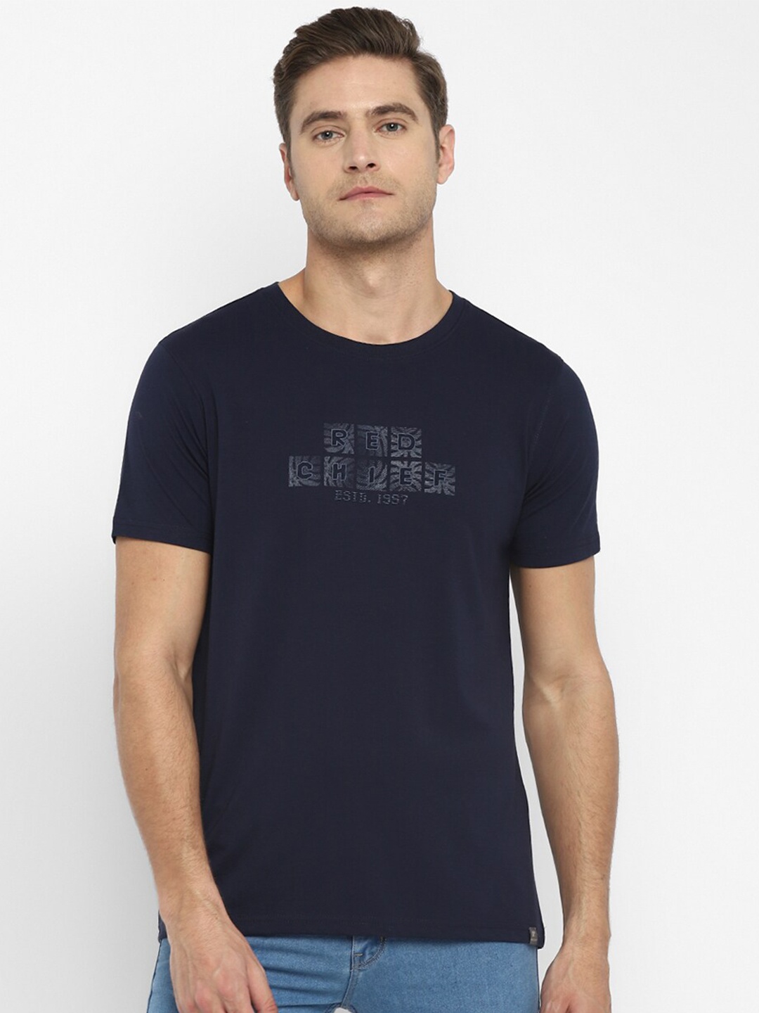 

Red Chief Men Navy Blue Typography Printed Cotton T-shirt