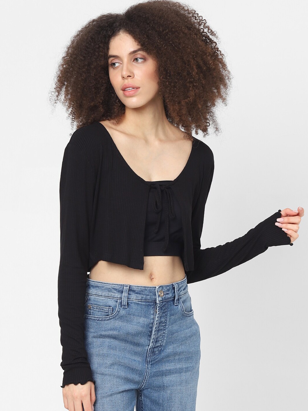 

ONLY Women Black Self Design Crop Cardigan Sweater