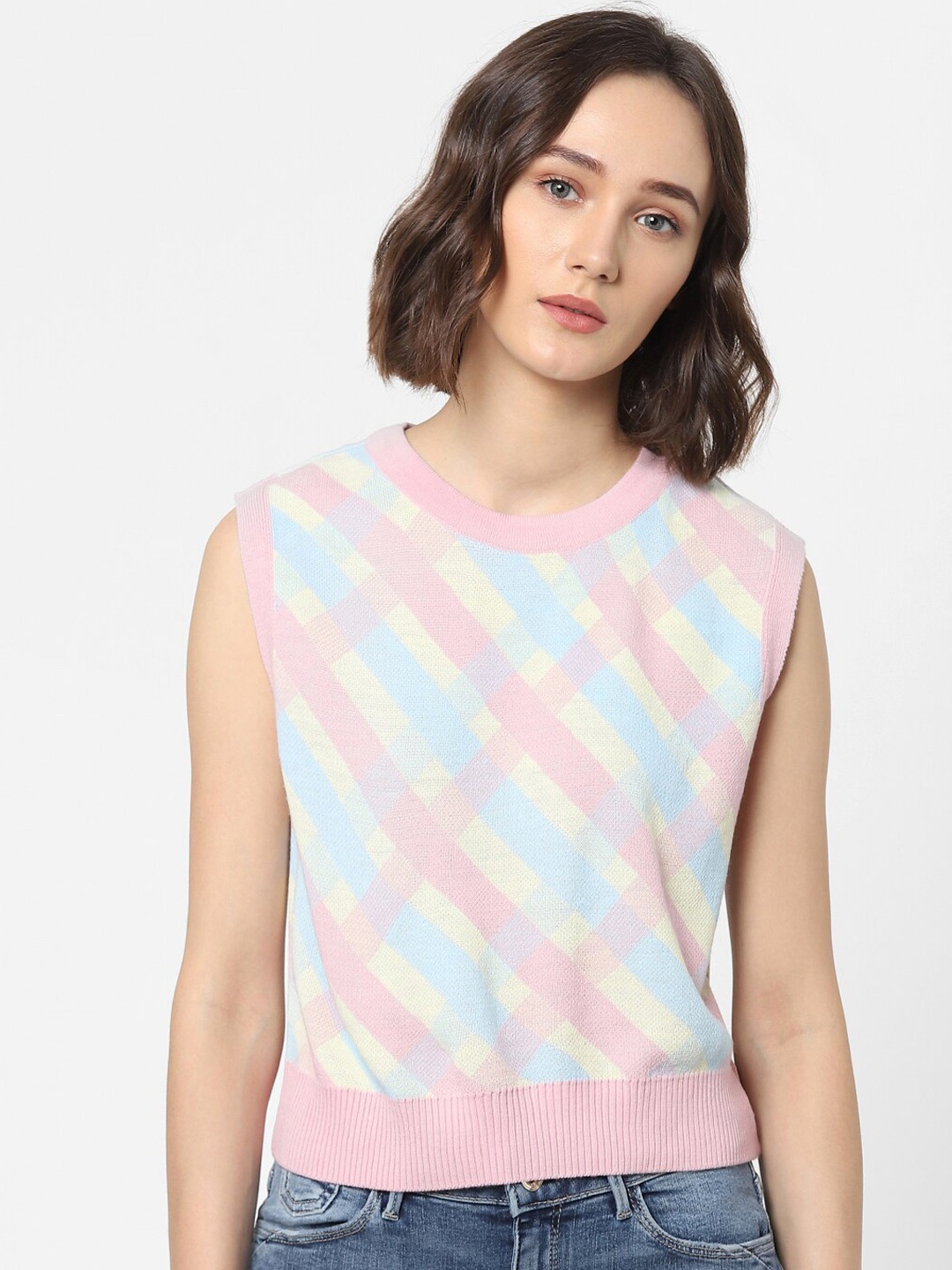 

ONLY Women Pink Checked Acrylic Sweater