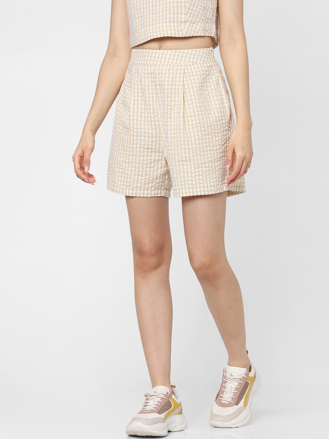 

ONLY Women Beige & White Striped High-Rise Shorts