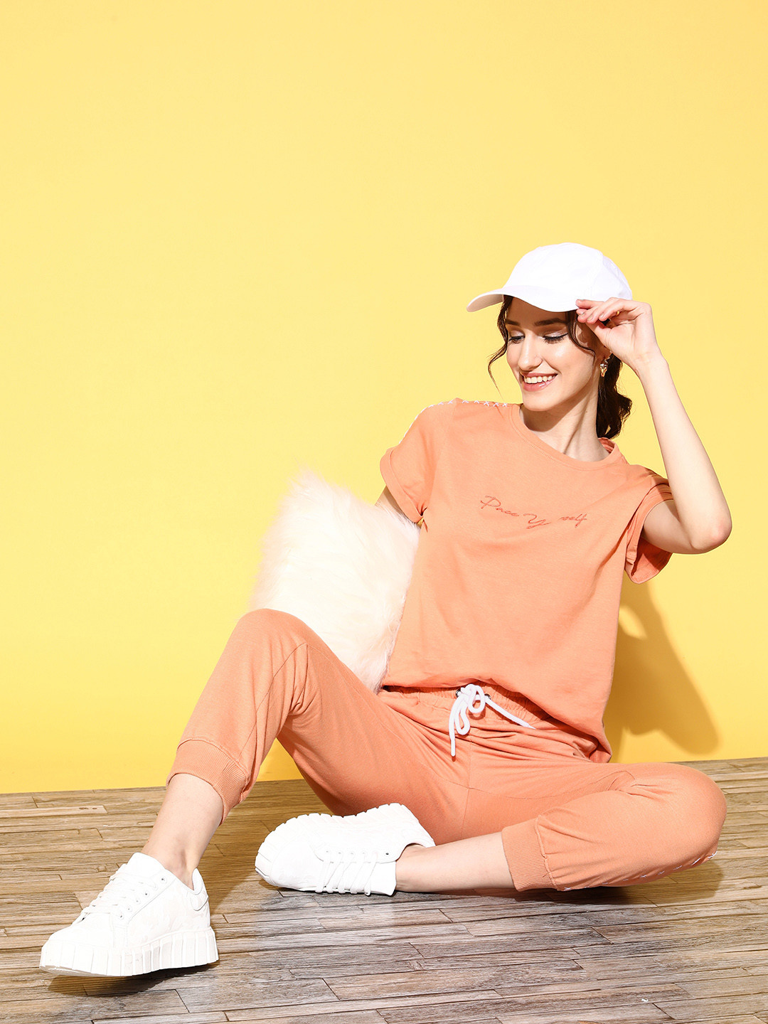 

The Roadster Lifestyle Co. Women Coral Orange Self Design Co-Ords